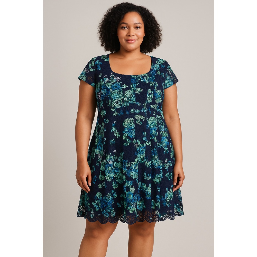 R&K Floral Lace Overlay‎ Dress Navy Green Purple Fit & Flare Women's
